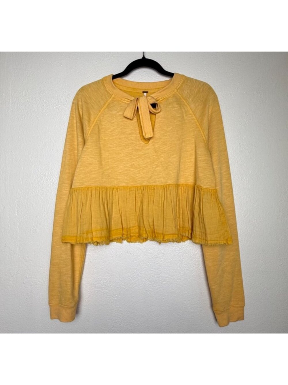 Free People Sweet Jane Yellow Ruffled Tie Neck Sweater Sz Small